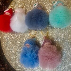 Christmas stocking stuffer New born baby fluffy Pom Pom Keychain lot of 6